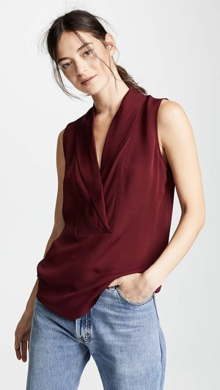 Theory 100% Mulberry Silk Sleeveless Shawl Collar Blouse Top Size Large